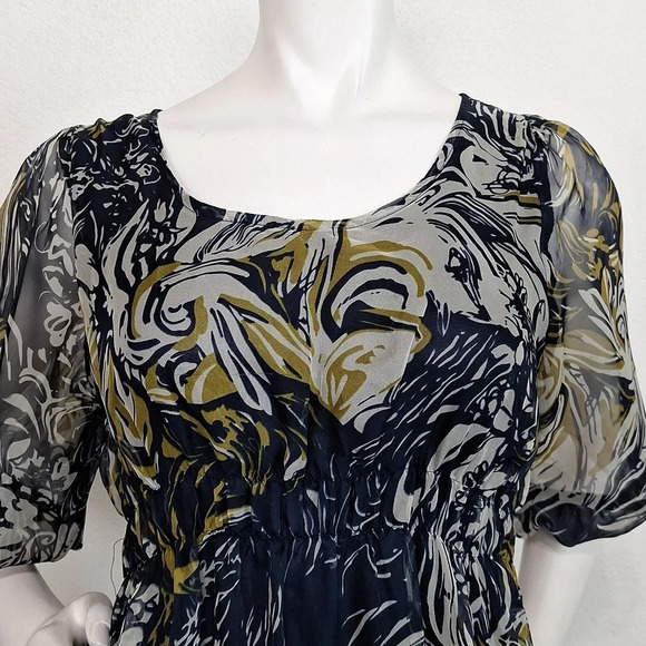 Navy Blue Combo Floral Bohemian Wide Sleeve Silk Blend Preppy Mini Dress Size M - Picture 2 of 7